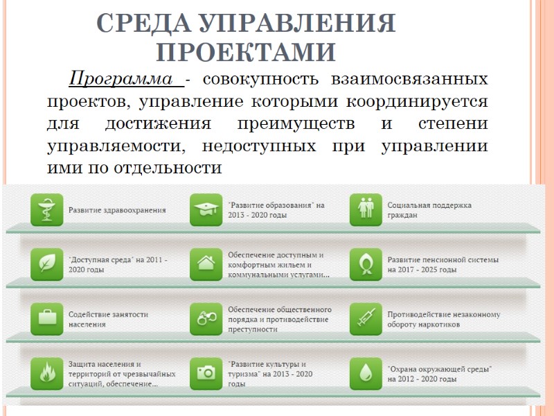 СРЕДА УПРАВЛЕНИЯ ПРОЕКТАМИ Программа - совокупность взаимосвязанных проектов, управление которыми координируется для достижения преимуществ